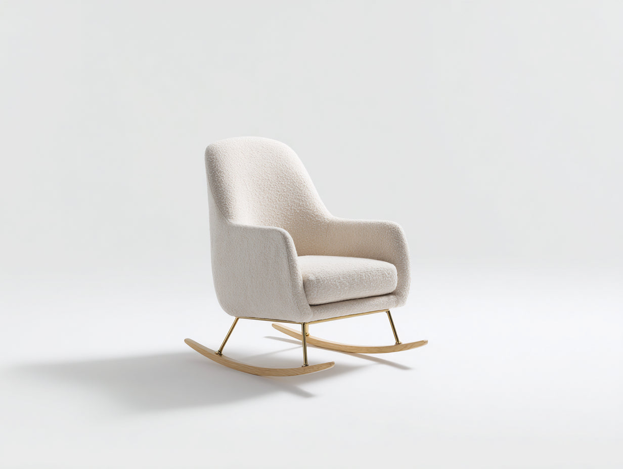 Sedia a dondolo - Tessuto bouclé - Metallo - Legno - 80x88x79 cm - Bianco crema-Oro-Legno naturale - Minimalista