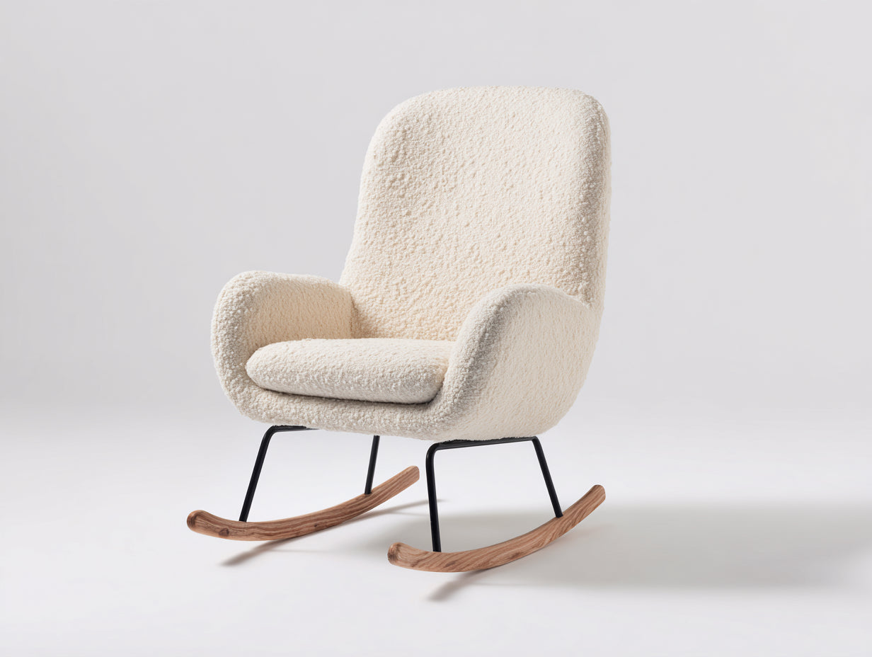Sedia a dondolo - Tessuto bouclé - Metallo - Legno - 85x94x100 cm - Avorio-Nero-Legno naturale - Contemporaneo