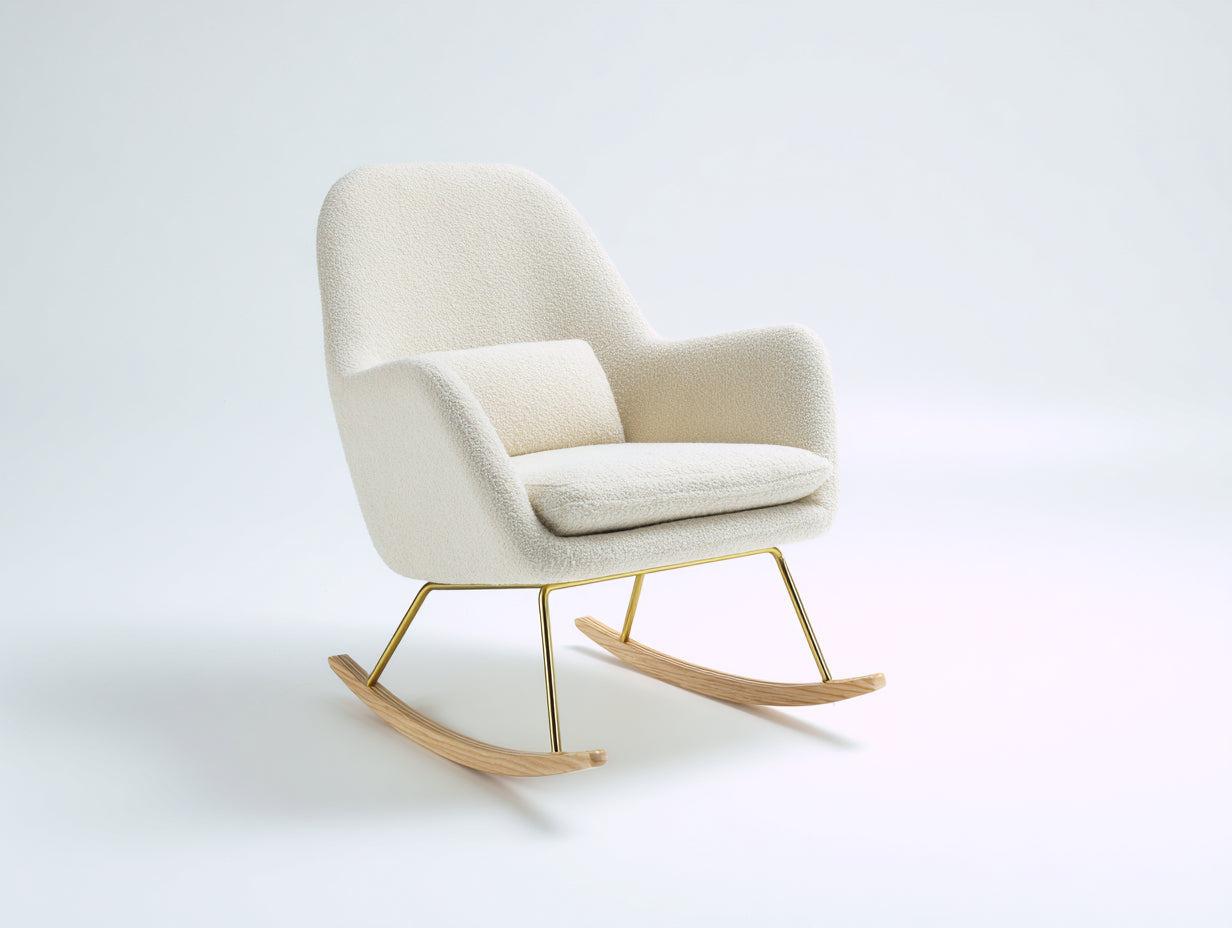Sedia a dondolo - Tessuto bouclé - Metallo - Legno - 85x93x82 cm - Bianco crema-Oro-Legno chiaro - Scandinavo
