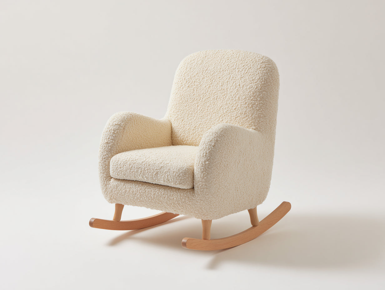 Sedia a dondolo - Tessuto bouclé - Legno - 87x94x88 cm - Crema-Legno naturale - Classico moderno