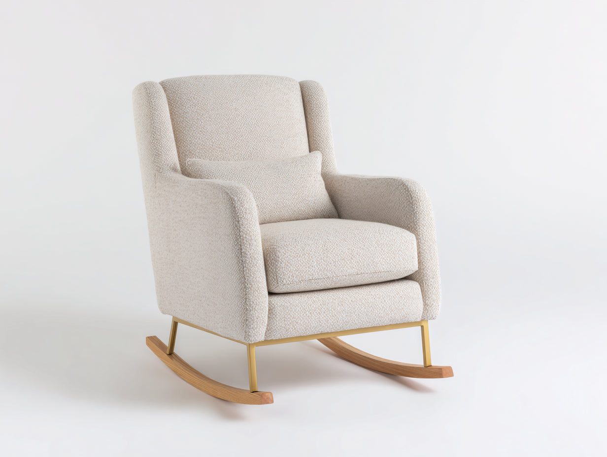 Sedia a dondolo - Tessuto - Metallo - Legno - 90x97x101 cm - Beige chiaro-Oro-Legno naturale - Elegante
