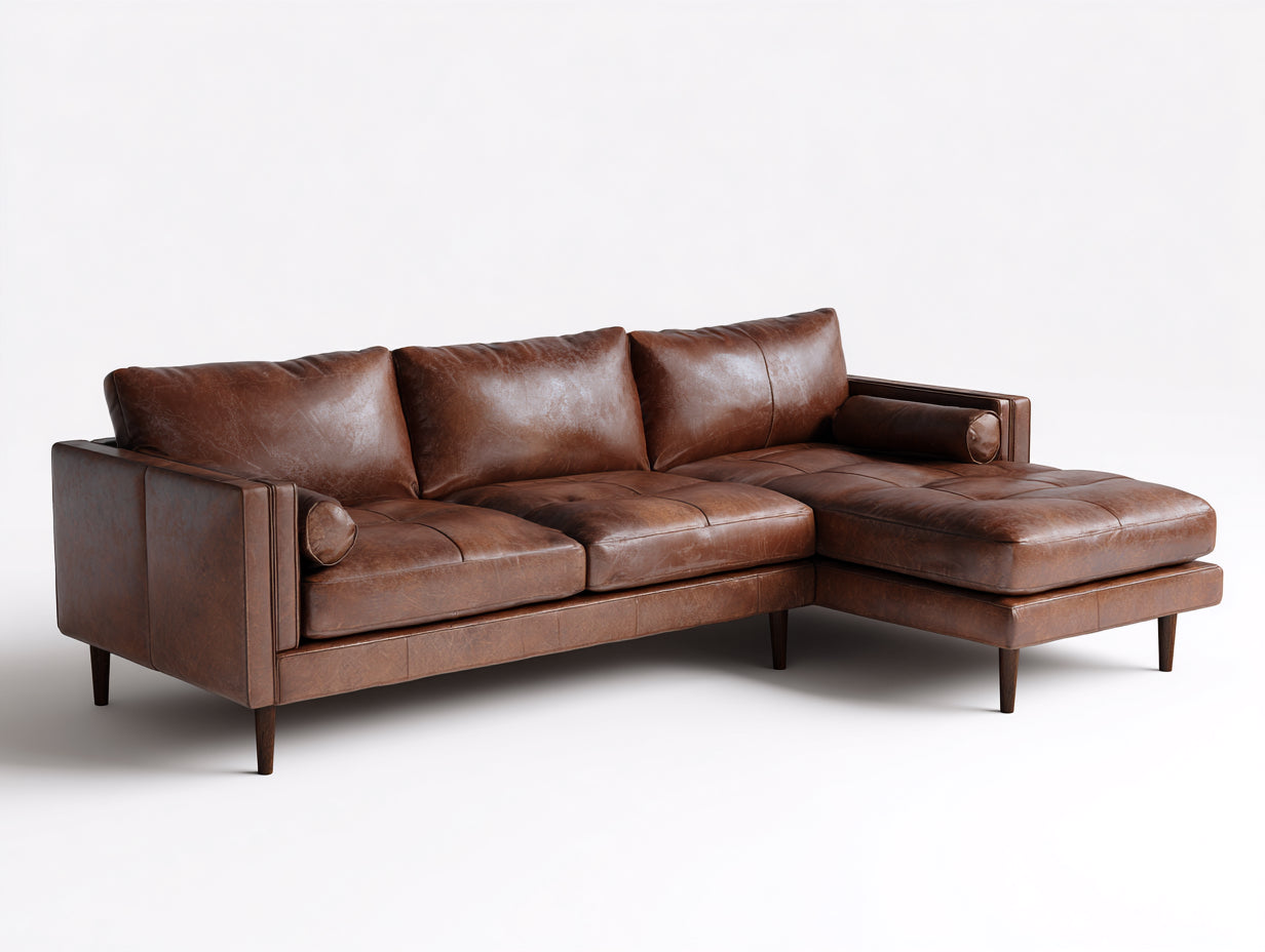 Divano angolare - Pelle-Legno - 286x168x84 cm - Marrone - Retrò