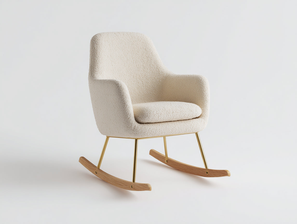 Sedia a dondolo - Tessuto bouclé - Metallo - Legno - 84x93x81 cm - Crema-Oro-Legno naturale - Scandinavo