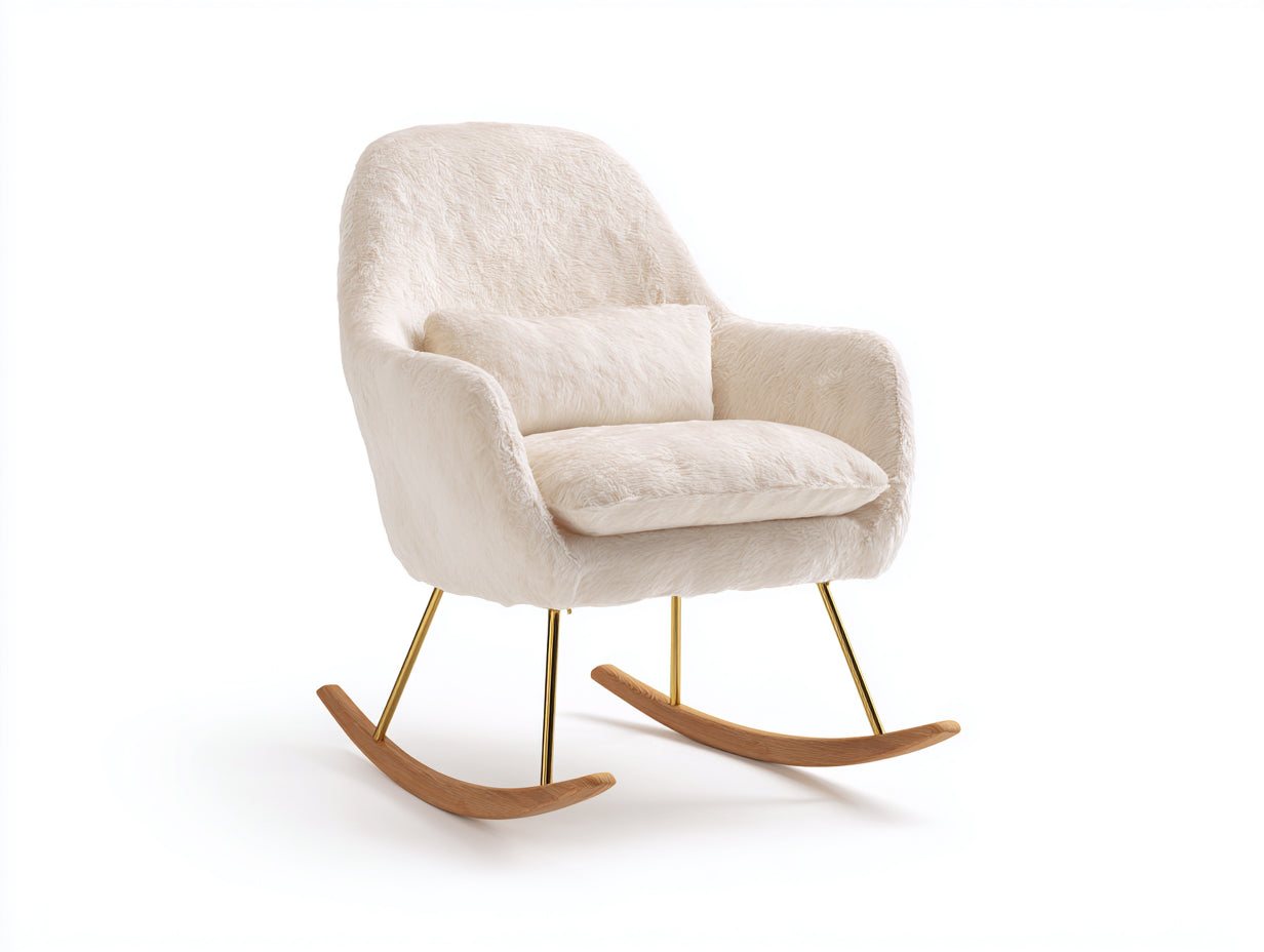 Sedia a dondolo - Tessuto effetto pelliccia - Metallo - Legno - 88x97x86 cm - Avorio-Oro-Legno naturale - Elegante