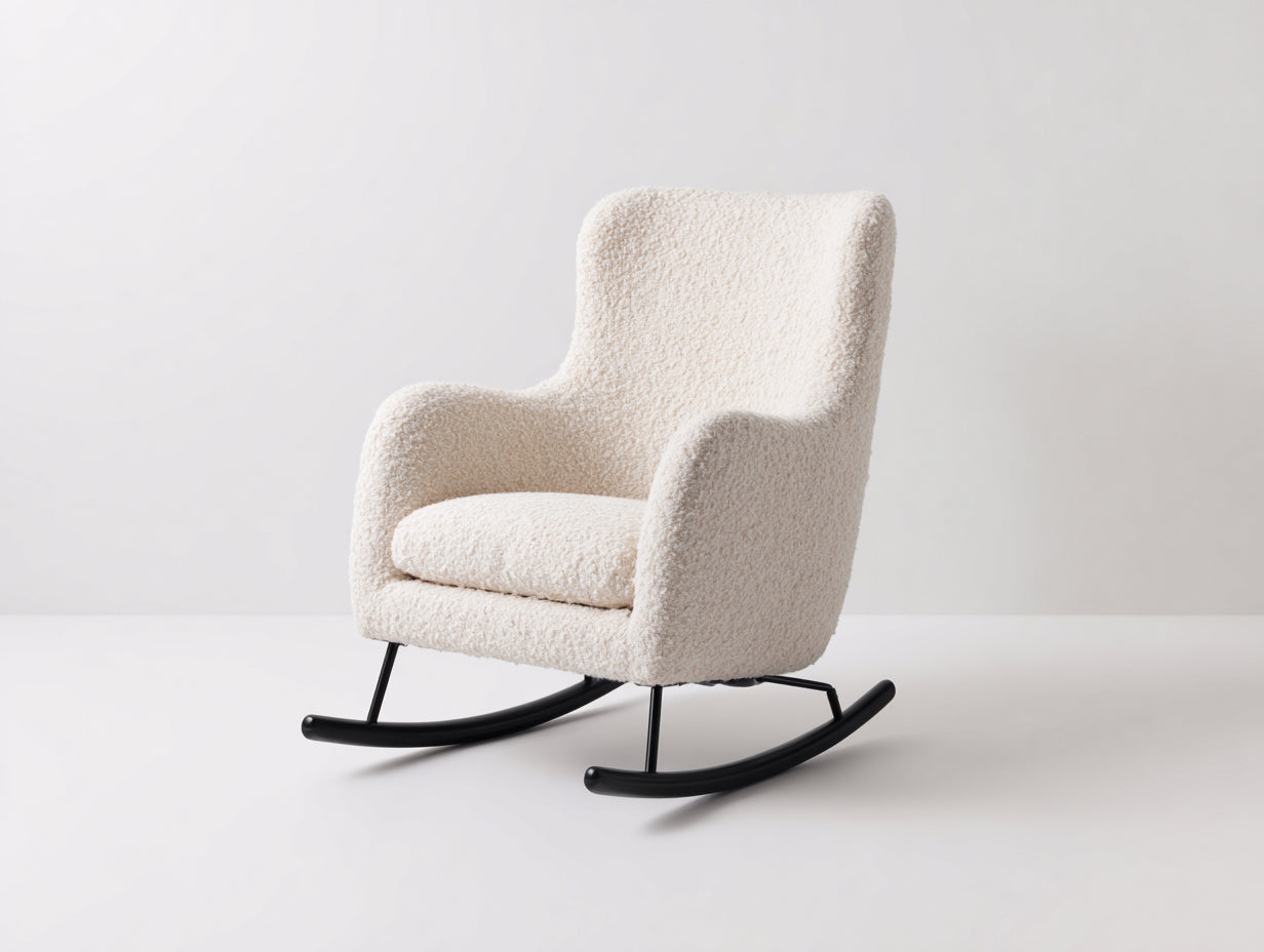 Sedia a dondolo - Tessuto bouclé - Metallo - Legno - 83x91x84 cm - Bianco crema-Nero - Scandinavo